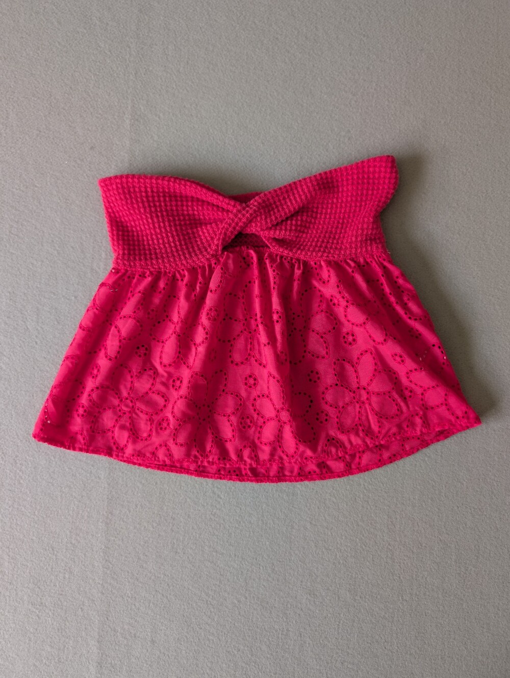 Strapless Eyelet Barbie Pink Embroidery Babydoll Peplum Knit Crop Top Shirt XS image 4